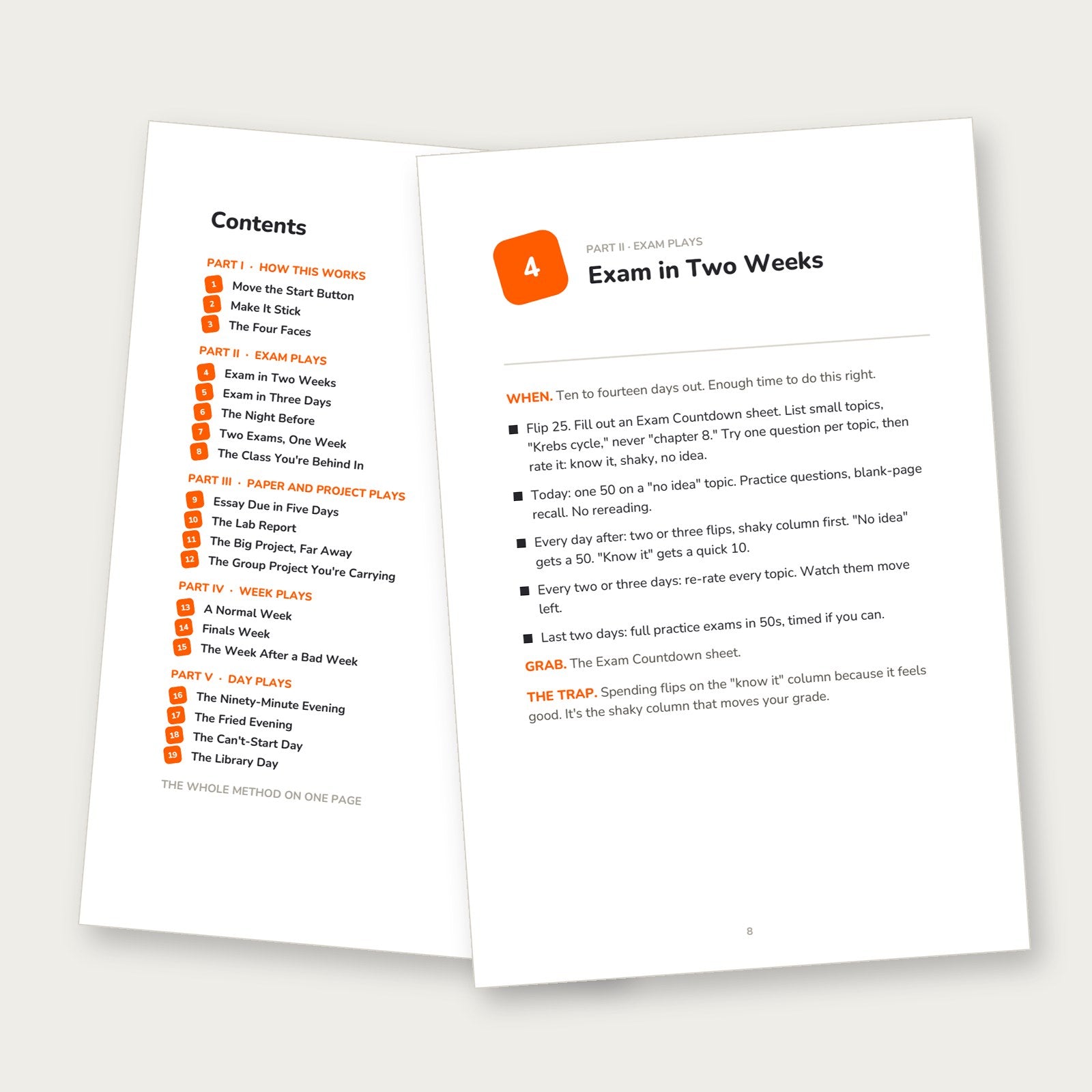 Playbook contents page and the Exam in Two Weeks play