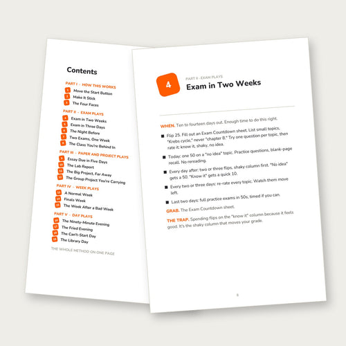 Playbook contents page and the Exam in Two Weeks play