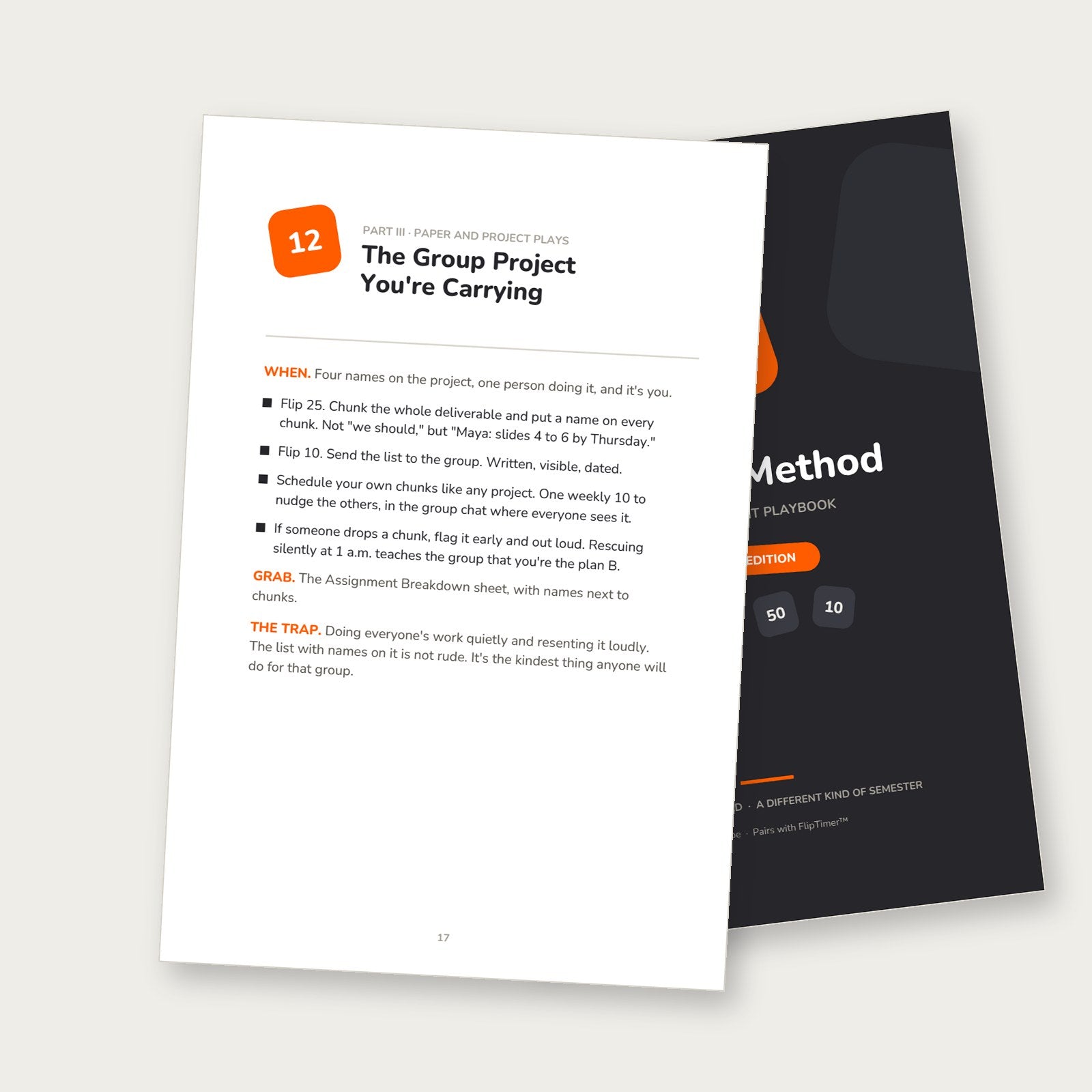 A one-page play from The Flip Method with the cover behind it