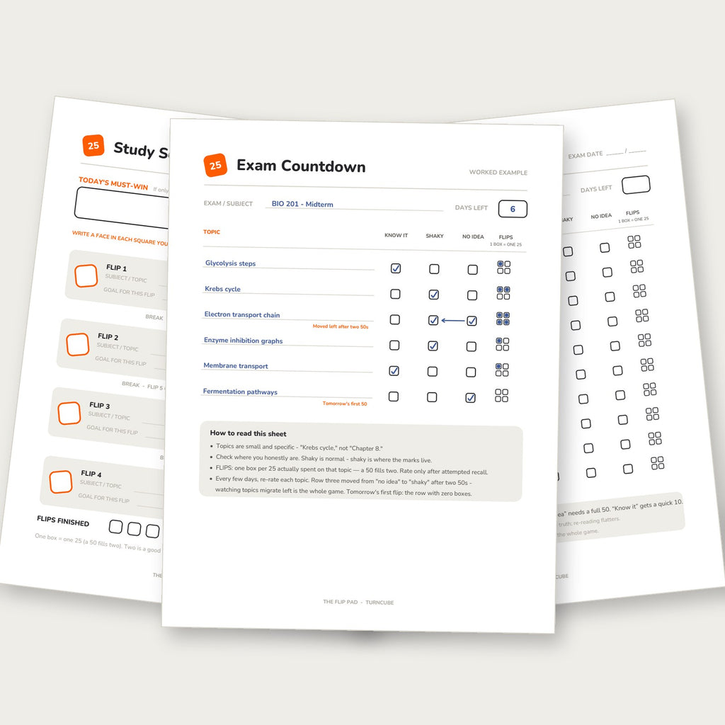 Flip Pad sheets — Study Session, Exam Countdown, and a filled-in worked example