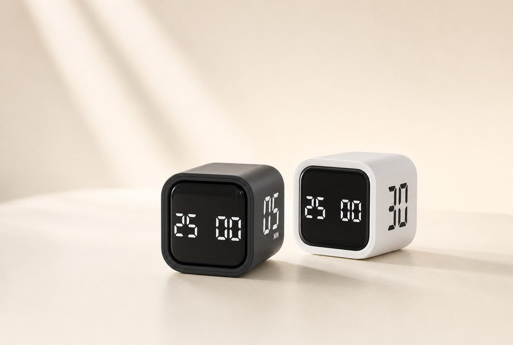 FlipTimer focus cubes in Charcoal and Cloud White side by side