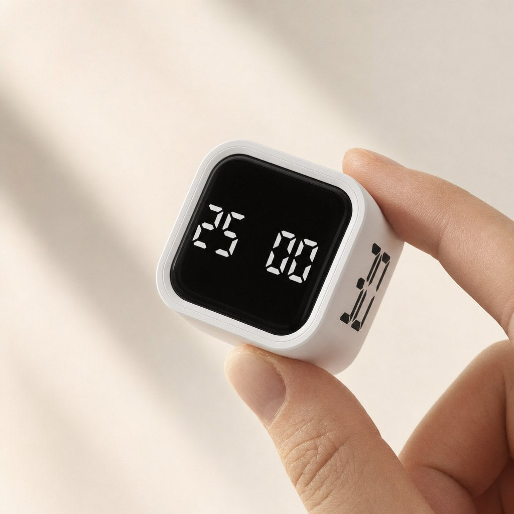 Fingertips holding the white FlipTimer mid-flip, display showing 25 minutes
